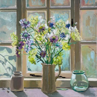 scabiosa, cow parsley, cornflowers against window