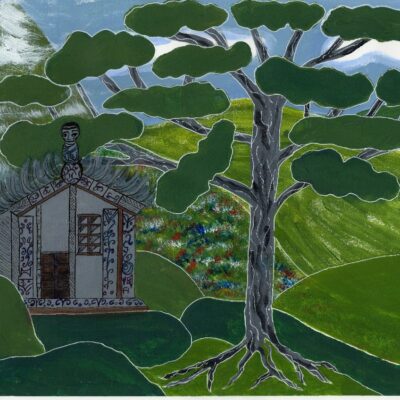 Snowy Mountain, Tree and Maori Meeting House 3 - original artwork by Sheila Robinson