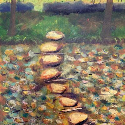 'Crossing the Rothay'. Inspired by a visit to Grasmere. Acrylic.