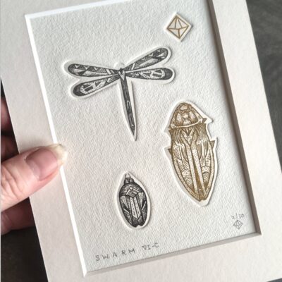 Swarm VI-C. Copperplate Etching With Aquatint.4 hand cut plates.1/30. Plate sizes 1 cm - 5 cm. Hahnemühle paper 5x7”. Gold, Ochre, Sepia & Grey ink / Mount: 5” x 7” (Aperture 3.5 x 5”)