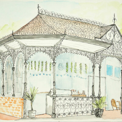 Watercolour and ink illustration of The Aviary Cafe (Leamington Spa)