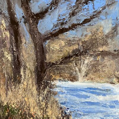 'Trees by Frozen Pool' oil and mixed media on canvas board, available to view and purchase at Venue 26, or contact sweetlimeart@gmail.com