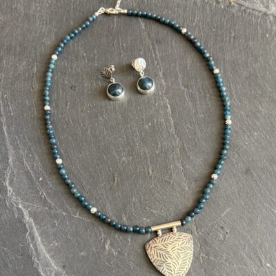 Textured silver and apatite bead necklace and earrings set