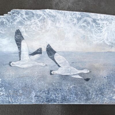 Two Snowgeese, acrylic painting on old fence panel fragment.