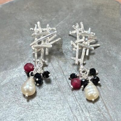 Pick Up Stix earrings with ethically sourced pearls, garnets and black onyx beads