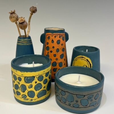 Printed slip decorated vases and candles