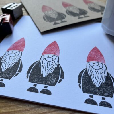 Gnomes - hand carved and hand stamped greetings card